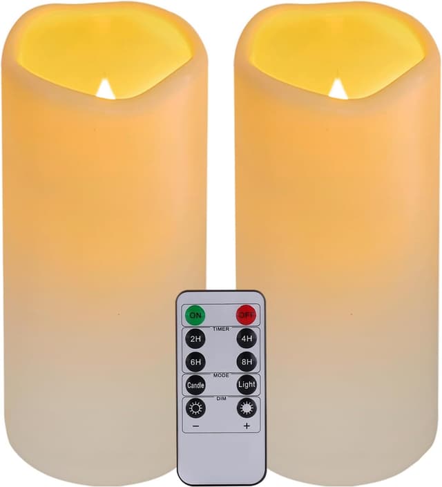 Detalle de Nancia 2er-Set wasserdichte LED-Stumpenkerzen ohne Flamme mit Fernbedienung und Timer (D7 x H15 cm)