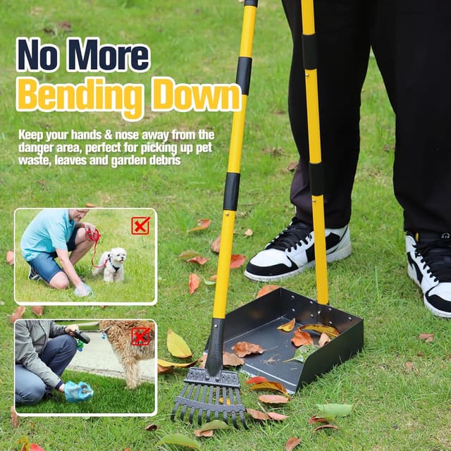 Detalle de Dog Pooper Scooper Tray, Rake & Shovel Kit with Adjustable Long Handle and 10 Waste Bags