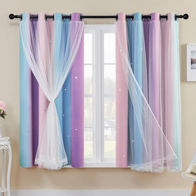 Detalle de XiDi Kids Curtains for Bedroom Girls – Rainbow Blackout Pink Curtains, 2 Panels (52 inch wide)