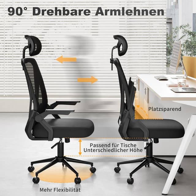 Detalle de naspaluro Ergonomischer Bürostuhl mit 90° klappbaren Armlehnen, Mesh-Polster und verstellbarer Kopfstütze (Schwarz)
