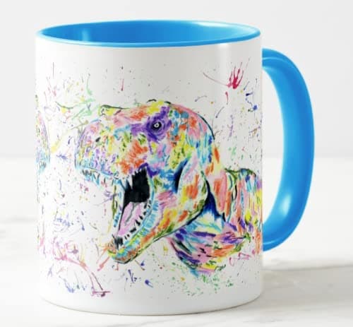Detalle 2 de Vixar Dinosaur T-Rex watercolour rainbow coloured ceramic mug (11oz) – L Blue