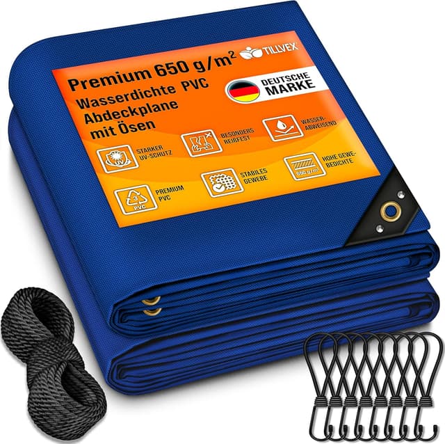 Detalle de tillvex® Abdeckplane mit Ösen (Grau) 5x7 m: wasserdichte PVC-Gewebeplane mit 10 Spanngummis & 15 m Seil