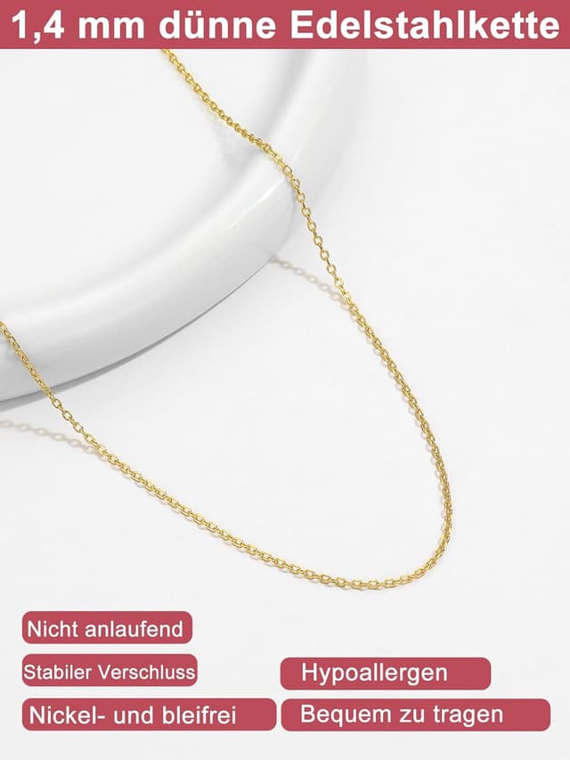 Detalle de FOCALOOK Edelstahl-Rolokette für Damen (316L) 1,4/2 mm – Ersatzkette für Anhänger, Längen 35–75 cm, silber/gold/roségold/schwarz