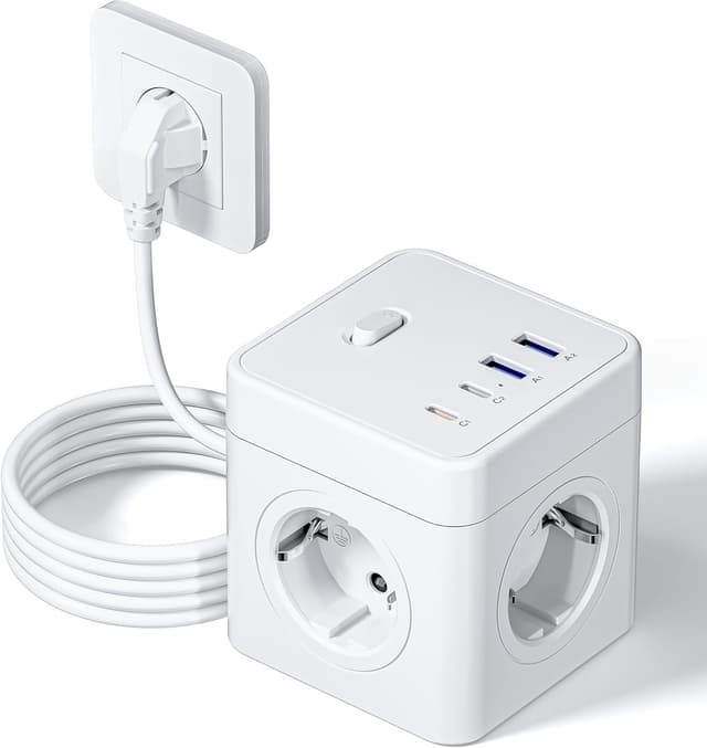 Detalle de RIXGLEAM Steckdosenwürfel mit USB 8-in-1 (2× USB‑C bis 20 W, 4× Schuko, 1,5 m) weiß