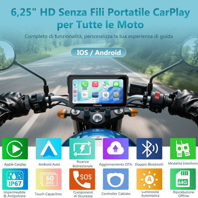 Detalle 2 de Carpuride W602S Pro Schermo per moto CarPlay con Bluetooth, 6,25" touch impermeabile e controller cablato