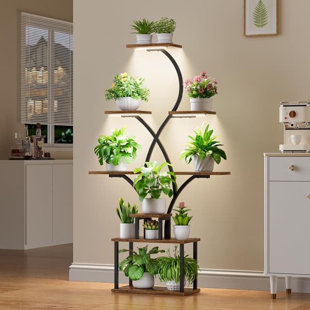 Detalle de BACEKOLL scaffale per piante con luci di crescita, 8 livelli (158 cm) in metallo e legno, nero