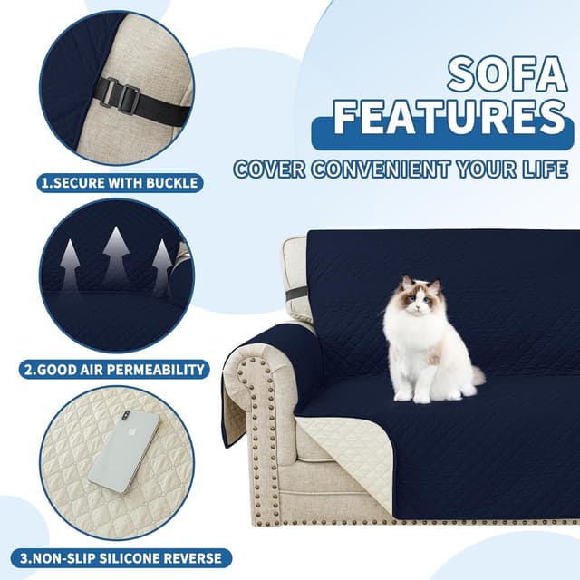 Detalle de YSTELLAA Housse imperméable pour canapé 3 places bleu foncé, avec accoudoirs