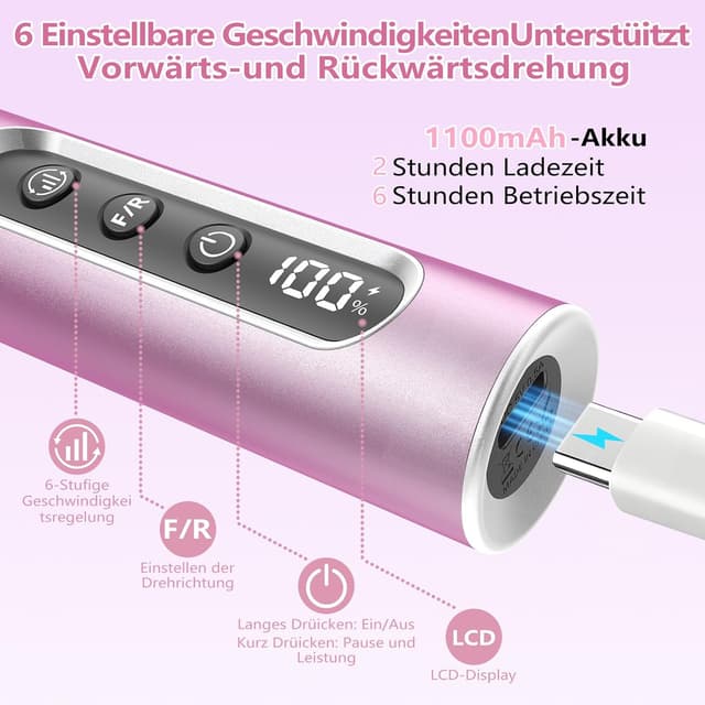 Detalle de Kabelloser Nagelfräser mit bis zu 45.000 U/min – Elektrische Nagelfeile für Gel- und Acrylnägel (14-in-1, 6 Geschwindigkeiten)