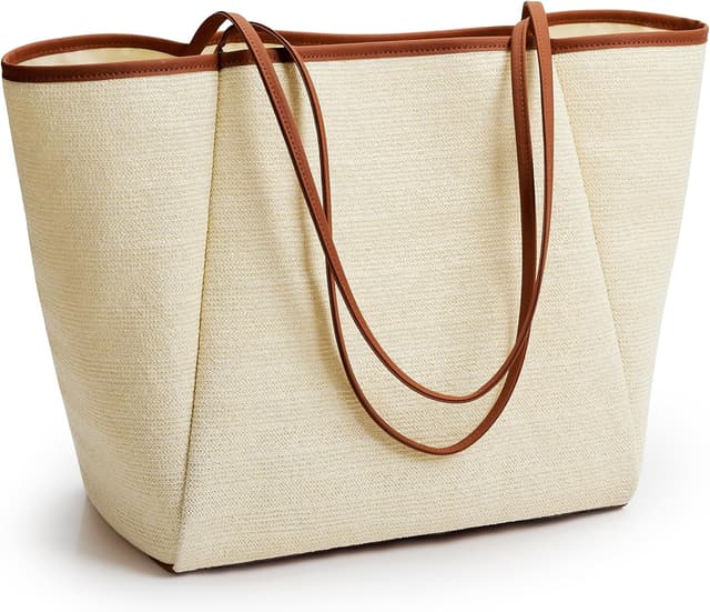 Imagen de KALIDI Straw Tote Beach Bag – striped shoulder handbag with zip closure and inner pocket en OfertitasTOP