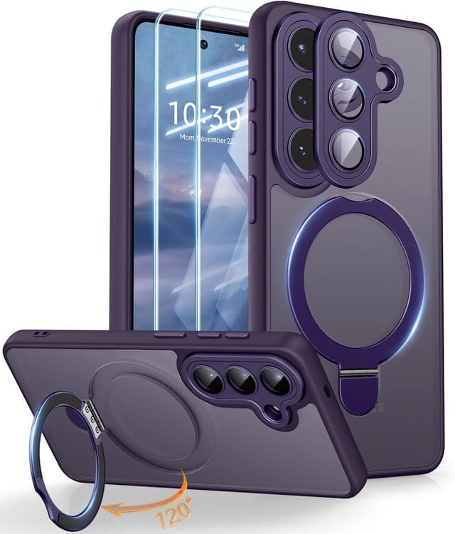 Detalle de JAME Samsung Galaxy S26 case with 2-pack screen protectors, MagSafe-compatible magnetic stand (Violet)