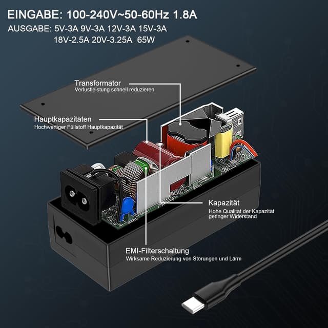 Detalle de 45W USB-C Chromebook Ladegerät (Ersatz-Netzteil) – 20V/2,25A passend für viele HP, Lenovo, ThinkPad, Acer & mehr
