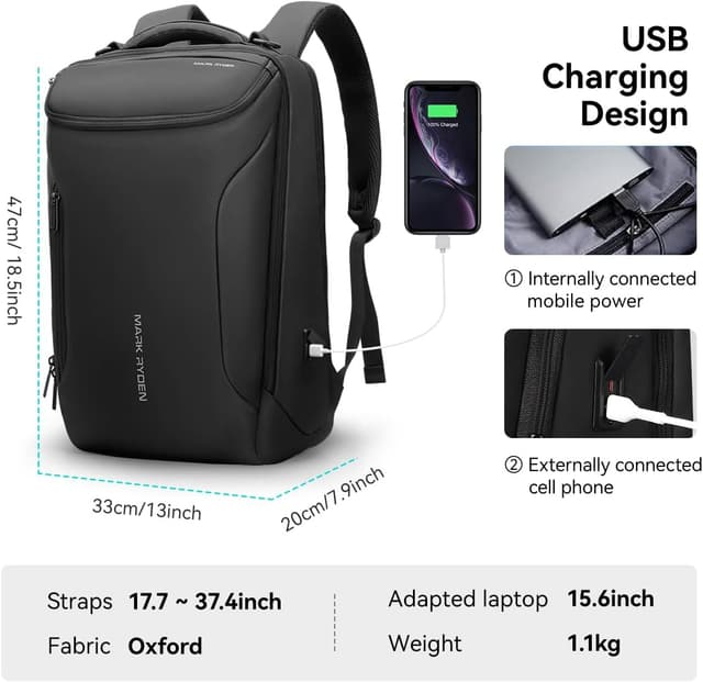 Detalle de MARK RYDEN großer Laptop-Rucksack mit 17,3-Zoll-Fach, USB-Anschluss und Diebstahlsicherung