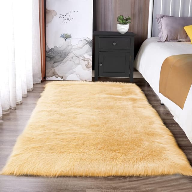 Thumbnail 6 de Latepis Yellow Faux Fur Area Rug, 6x9 Rectangle (Washable Sheepskin-Style)