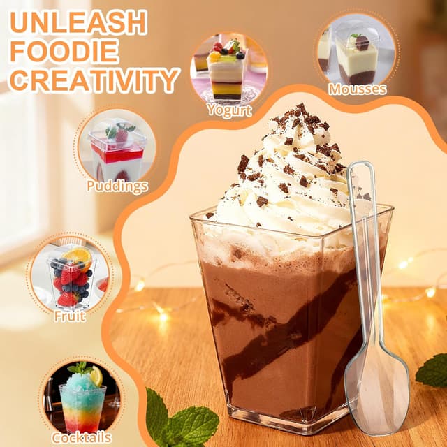 Detalle 2 de 5oz Plastic Dessert Cups with Lids and Spoons (Clear Parfait Cups, 20-Pack)