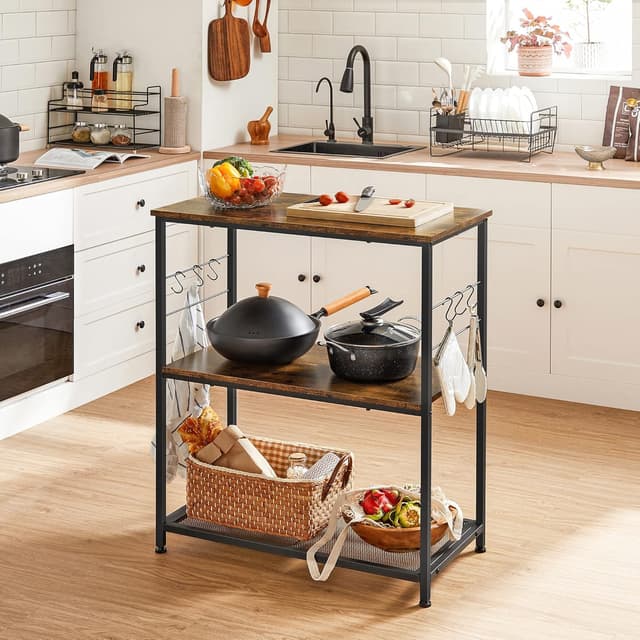 Detalle de VASAGLE Scaffale da Cucina per microonde e forno KKI002B01, 3 ripiani aperti, 6 ganci, 80 x 40 x 90 cm