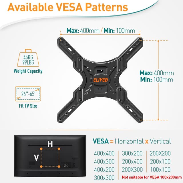 Thumbnail 3 de ELIVED Supporto da parete TV EV3015-UK per TV 24–65" con regolazioni (VESA 100x100–400x400)