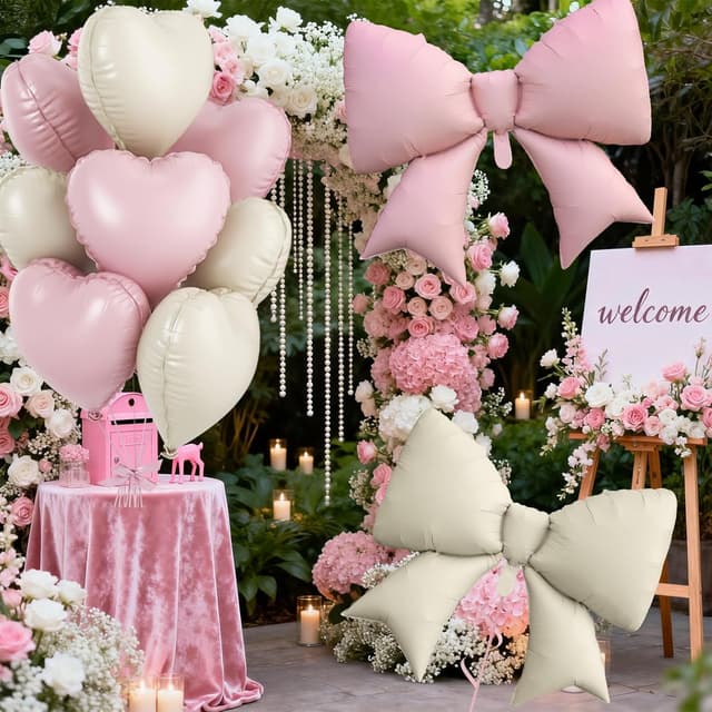 Detalle de FunHot Cream Pink Heart Balloons & Pink Bow Balloons Set (10 Pieces)