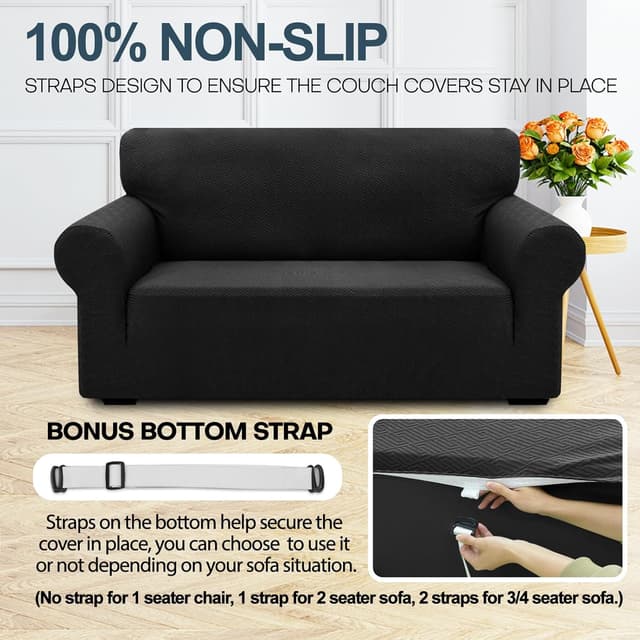 Detalle 2 de Ystyle Copridivano 1 posto con braccioli elasticizzato antigraffio antiscivolo, universale jacquard geometrico nero