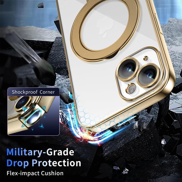 Detalle 2 de Pmteyoim Magnetic iPhone 13 Case with Invisible Stand, Full Camera Lens Protector & Military Drop Protection (Clear Slim Gold)