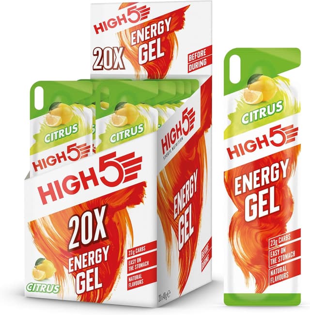 Detalle de HIGH5 Running Gels Citrus (caffeine-free) – 23g carbs energy gel, 20 x 40g sachets
