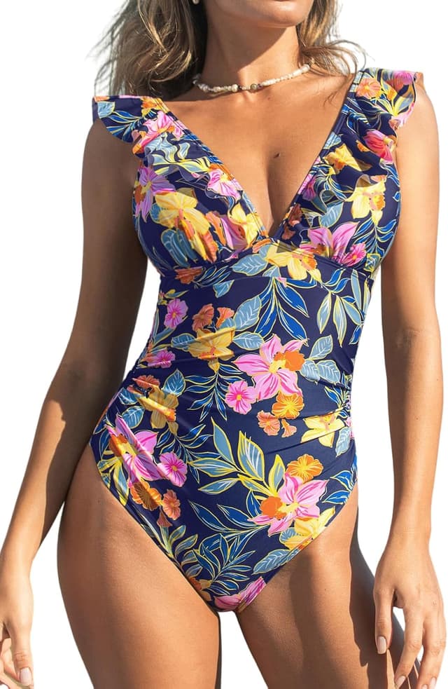 Thumbnail 6 de CUPSHE Damen Badeanzug mit Rüschen und V-Ausschnitt (einteilig) – Monokini mit gekreuzten Trägern