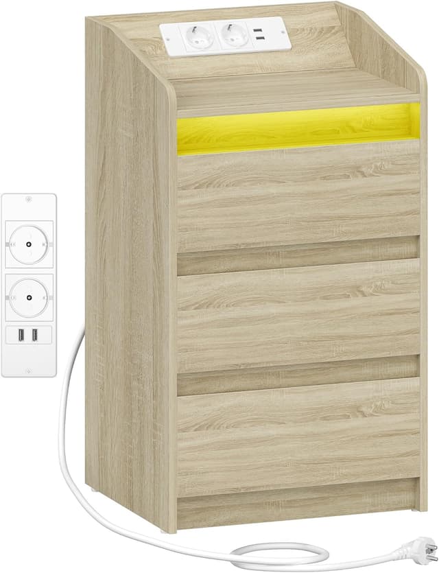Detalle de Hzuaneri NS40016X table de chevet avec 3 tiroirs, station de charge et LED