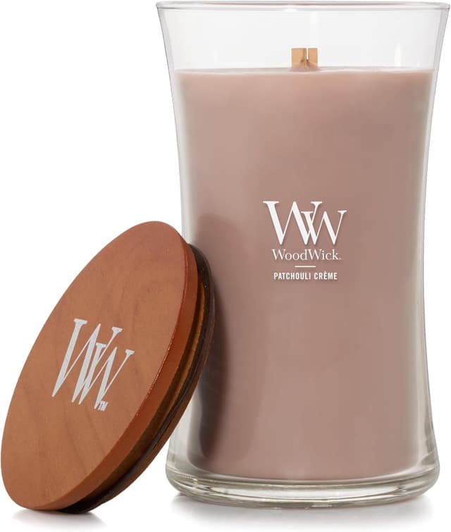 Detalle de Grande bougie parfumée WoodWick Patchouli Crème à mèche crépitante (jusqu’à 130 heures)