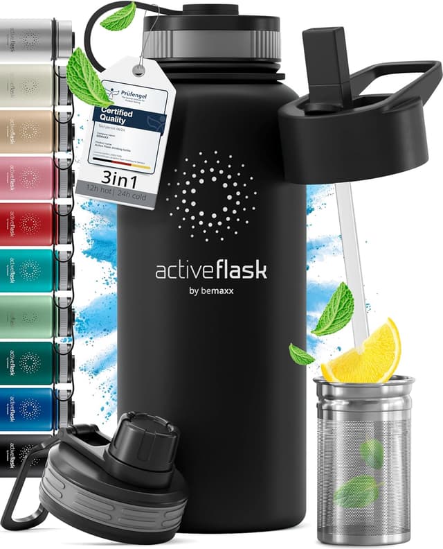 Detalle de BeMaxx ACTIVE FLASK Edelstahl-Trinkflasche mit Strohhalm & 3 Deckeln, BPA-frei, auslaufsicher