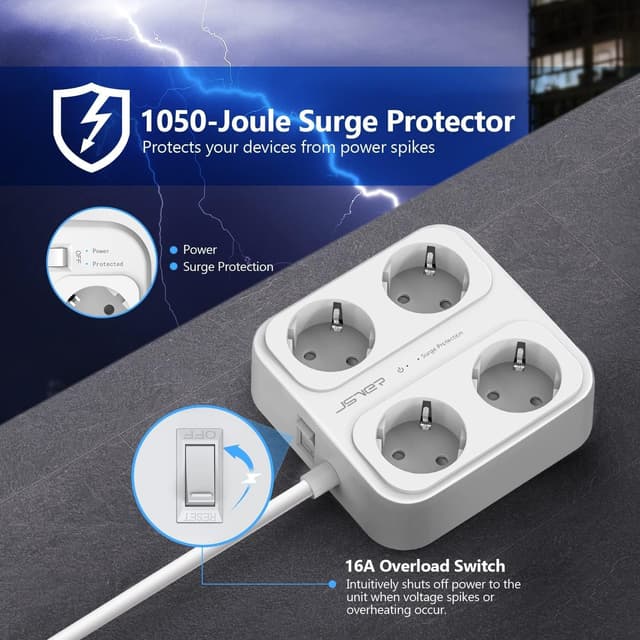 Detalle 2 de JSVER Ciabatta Multipresa compatta con 4 prese AC e USB (3×USB-A + USB-C) con interruttore e protezione da sovratensione, bianco (5 m)