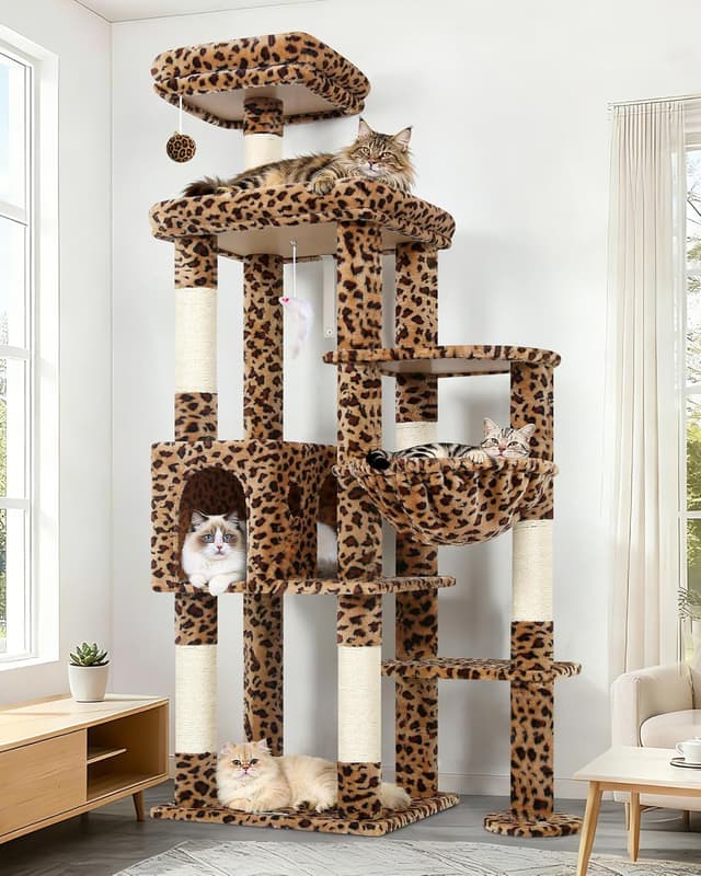 Detalle de Globlazer Kratzbaum Leoparden (167 cm) mit breiter gepolsterter Plattform – XL Katzenhaus, Kratzstangen & Spielzeug
