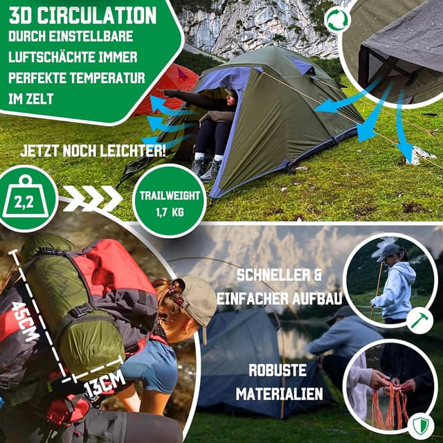 Detalle 2 de GOALPINE® Zelt für 1–2 große Personen – wasserdicht (4000 mm), ultraleicht & kleines Packmaß für Touren