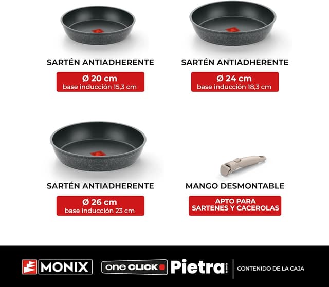 Detalle 2 de Monix One Click Pietra — Set 3 sartenes 20/24/26 cm