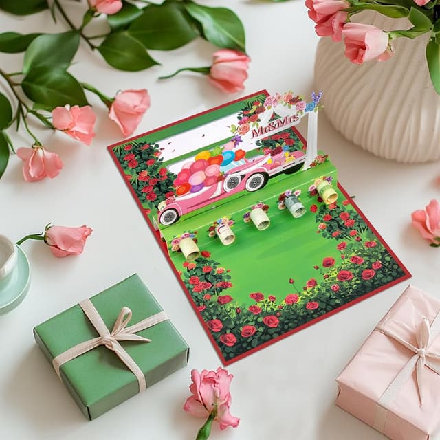 Detalle 2 de Money Holders Pop-Up Wedding Car Greeting Card with Cash Slot, Blank Note Cards & Envelopes