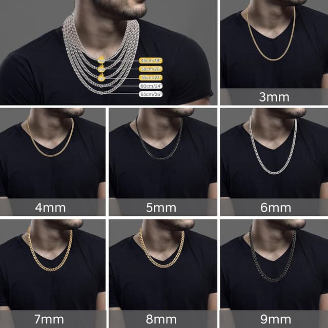 Detalle de RWQIAN Herren Panzerkette (3–9 mm) aus Edelstahl, silber/gold/schwarz – Kettenlänge 45–65 cm