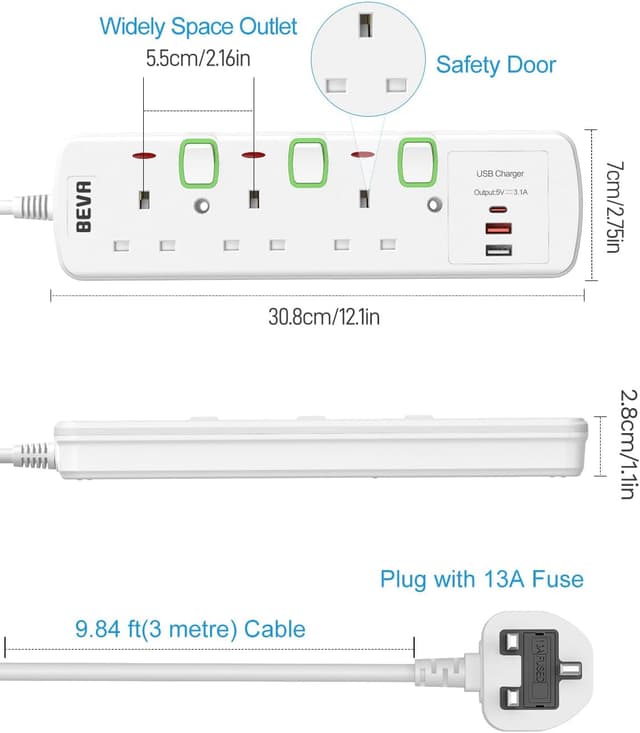 Detalle 1 de 3M BEVA switched extension lead with USB-C