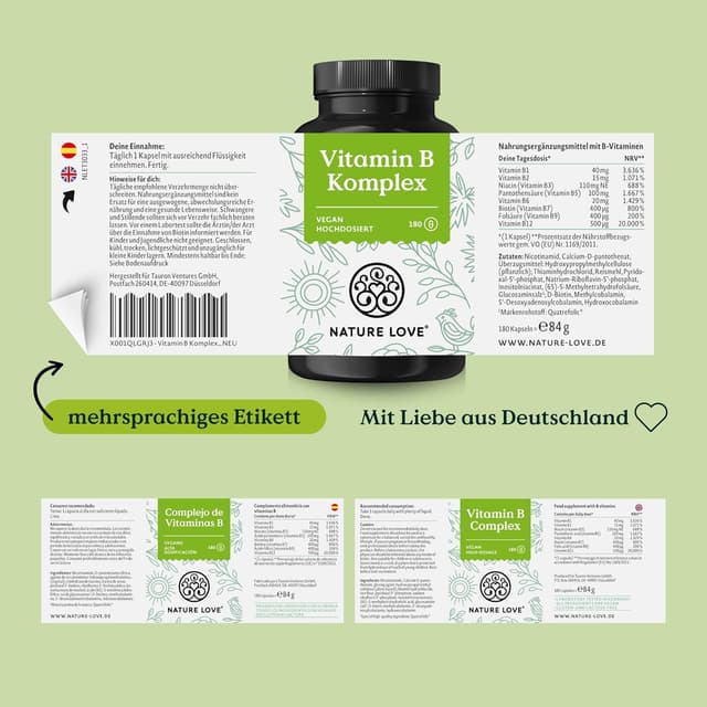 Thumbnail 5 de NATURE LOVE Vitamin B Komplex 500 µg B12 – 180 Kapseln 💊