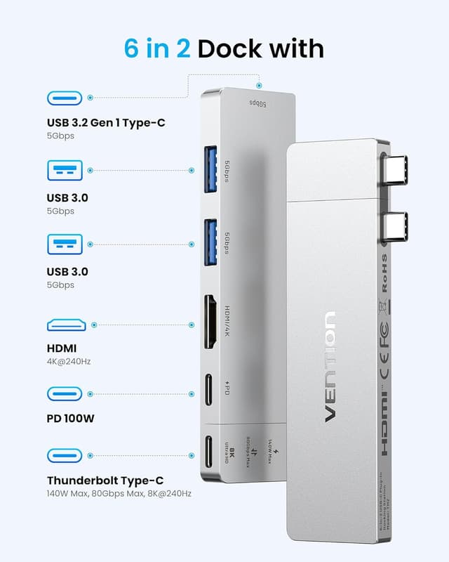 Detalle 2 de Vention MacBook USB Adapter 6-in-2 Hub