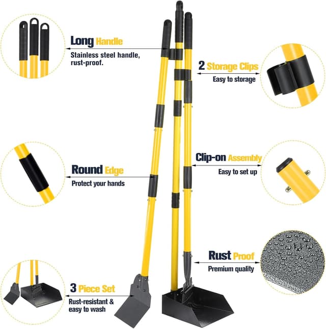 Detalle de Dog Pooper Scooper Tray, Rake & Shovel Kit with Adjustable Long Handle and 10 Waste Bags
