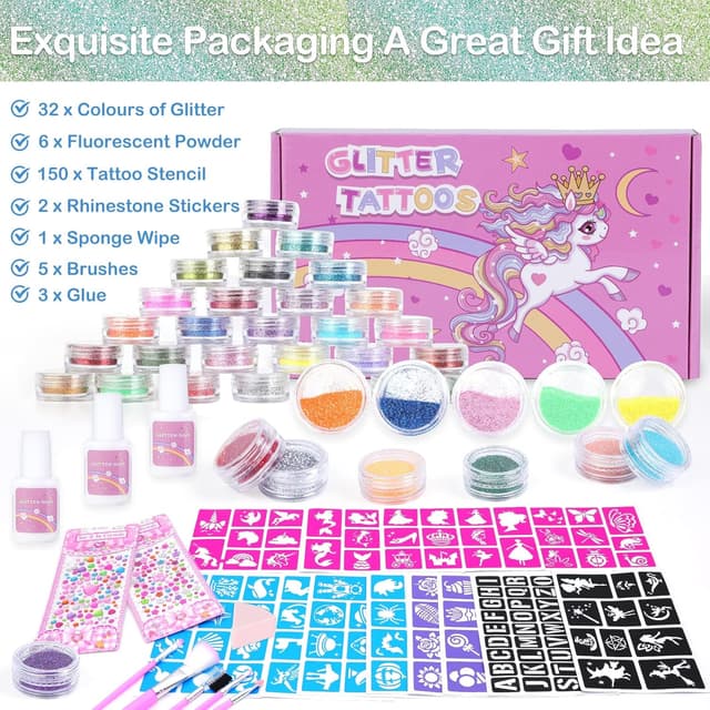 Detalle 2 de Highttoy Glitzer Tattoo Set für Mädchen – 38 Farben, 150 Schablonen, 5 Pinsel und 3 Kleber