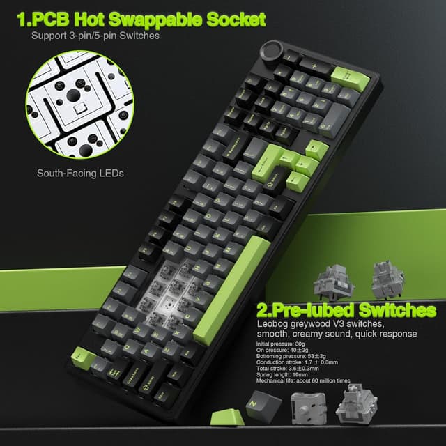 Thumbnail 6 de AULA F99 Pro Wireless Mechanical Keyboard with Knob (Tri-Mode BT5.0/2.4GHz/USB-C, Hot-Swappable) — Creamy Sound + RGB