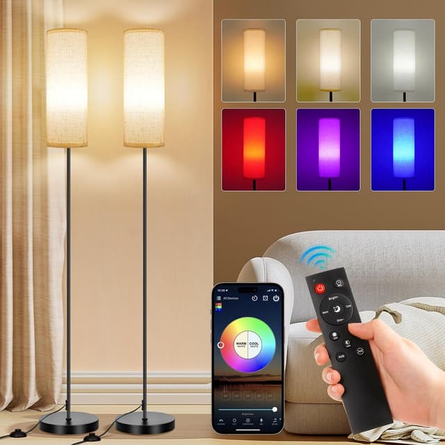 Detalle de FRIDEKO HOME 2er-Set Stehlampen für Wohnzimmer mit RGB, dimmbar & Smart-Steuerung (Fernbedienung, Musikmodus) – schwarz