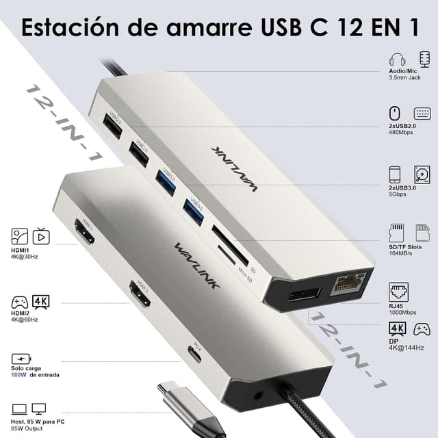 Detalle 2 de WAVLINK Docking USB-C para dos monitores 100W PD