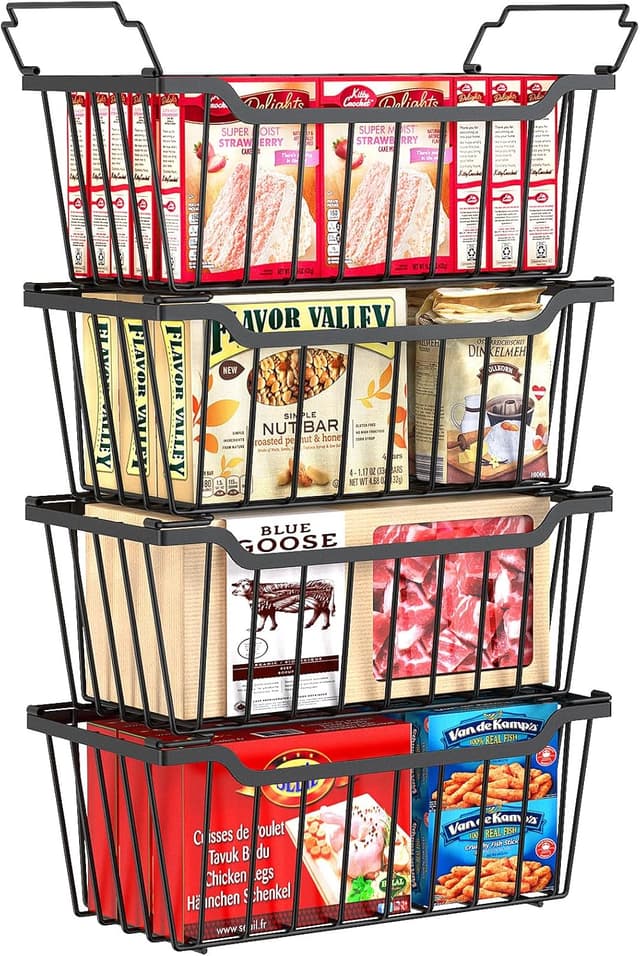 Detalle de SUNALLY Freezer Organizer Bins (4-Pack) — Stackable Chest Freezer Storage Baskets with Handles, Black