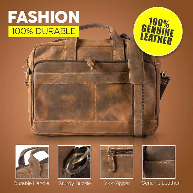 Detalle de KomalC 16 Inch Buffalo Leather Laptop Messenger Briefcase Bag with YKK Metal Zippers