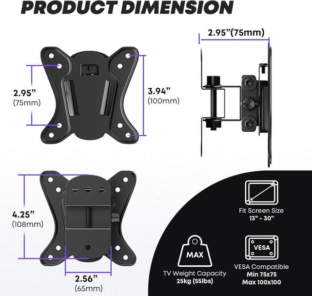 Detalle de PUTORSEN 13–30 inch TV Wall Bracket (Tilt Swivel) for LCD/LED TVs & Monitors, VESA 75x75/100x100, up to 55lbs, Black