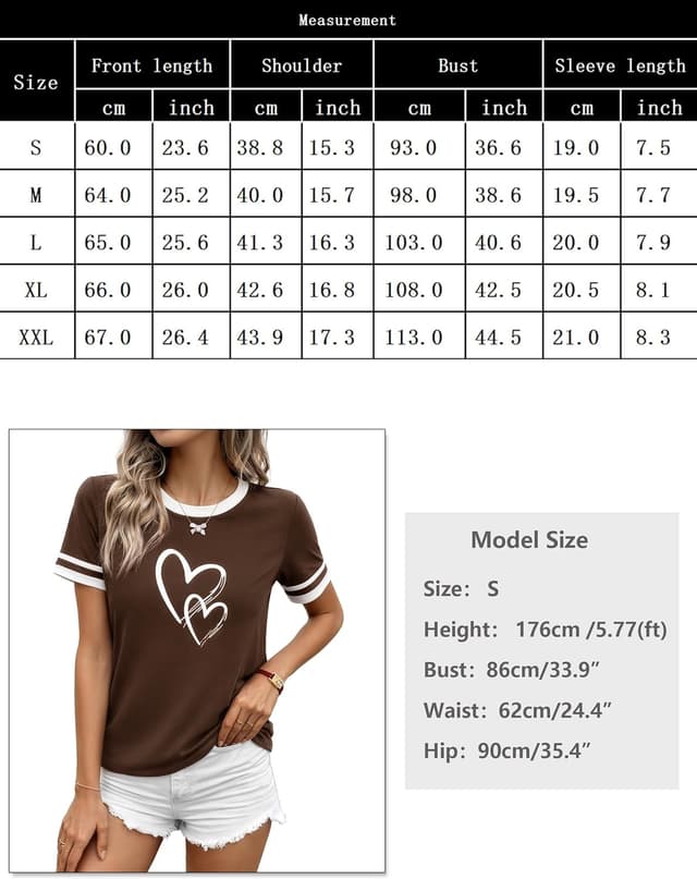 Detalle 2 de Aottori T-shirt femme en coton à col rond manches courtes imprimé cœur