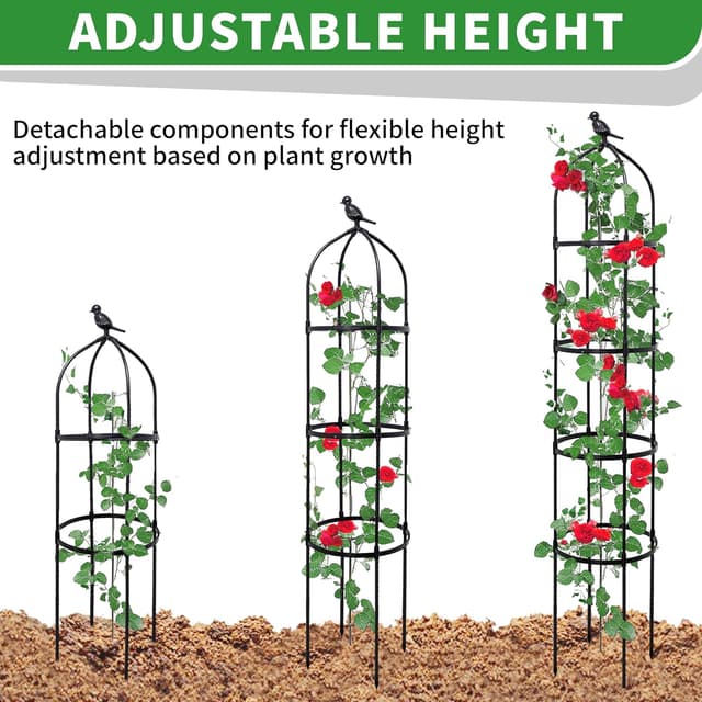 Detalle de Garden Obelisks for Climbing Plants 175cm Metal Trellis with Adjustable 4-Ring Height
