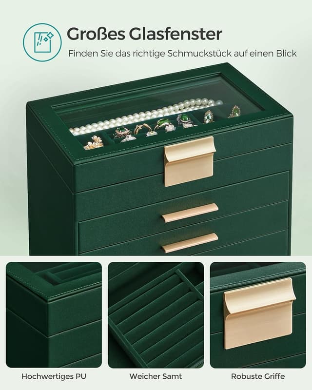 Detalle de SONGMICS Schmuckkästchen JBC171C01 mit 6 Ebenen, Glasdeckel und 5 Schubladen (waldgrün-golden)