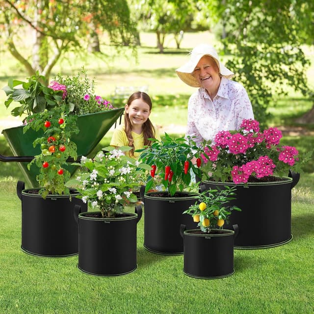 Detalle 2 de Vinitoy Grow Bags 7 Gallon Reusable Fabric Pots (5 Pack) with Nylon Handles and Waterproof Mat, 27L