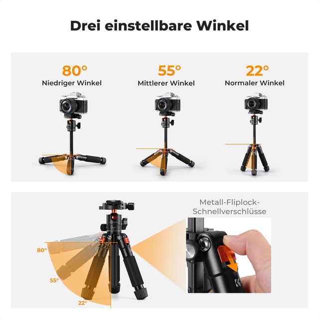 Detalle de K&F CONCEPT Mini Stativ (55 cm) aus Aluminium mit 360° Kugelkopf – faltbar, 1/4“-Platte, max. 6 kg